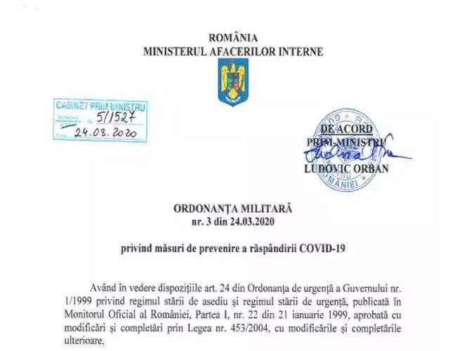 Ordonanta Militara nr. 3 privind masuri pentru prevenirea raspandirii cu COVID 19 a intrat in vigoare miercuri, 25 martie 2020. 