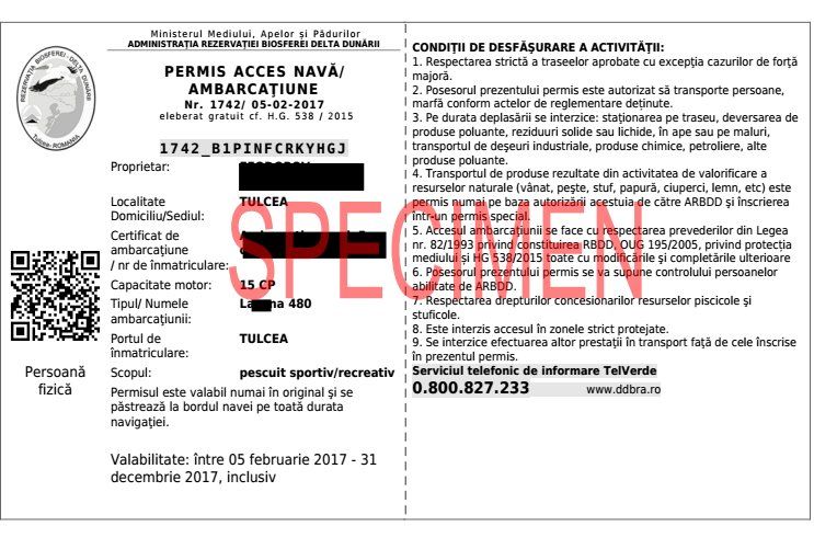 Un exemplu de permis de accespentru ambarcatiune, eliberat online, pe situl ARBDD